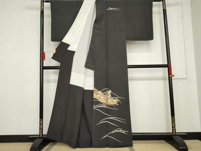 平和屋着物 訪問着 立波草花文 青褐色地 金彩 正絹 cs