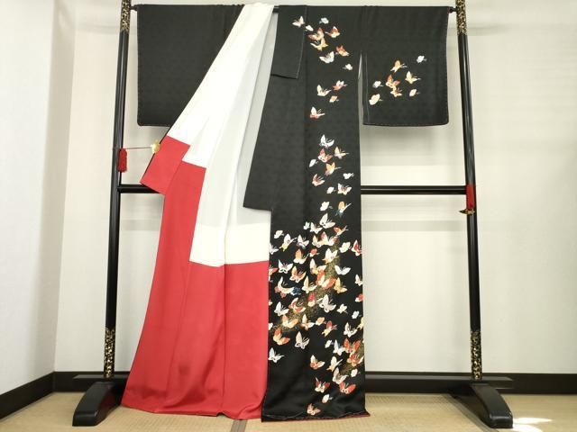 平和屋着物 訪問着 友禅 駒刺繍 舞蝶文 黒地 金彩 正絹 ck