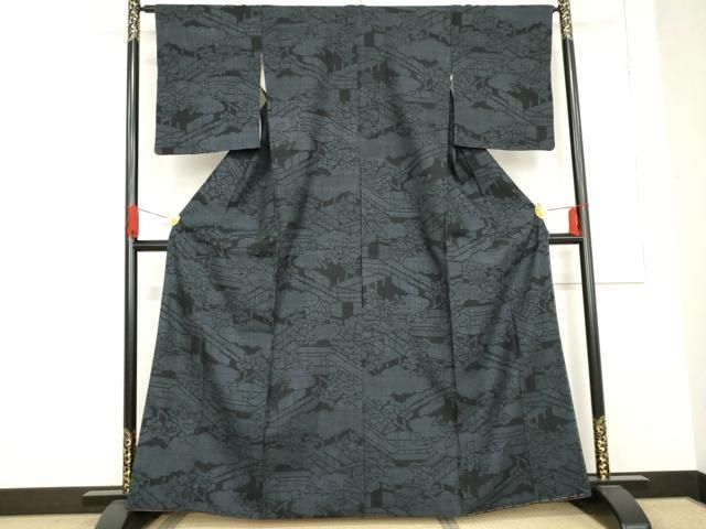 平和屋着物 本場結城紬 重要無形文化財 100亀甲 風景草花文 正絹 cs