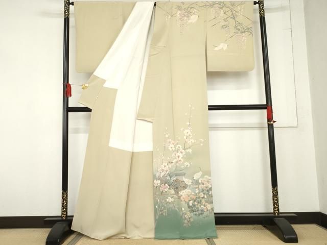平和屋着物 訪問着 友禅 作家物 松葉 土車 流水枝花に群鶴 暈し染め 金銀彩 扱い 正絹 cs