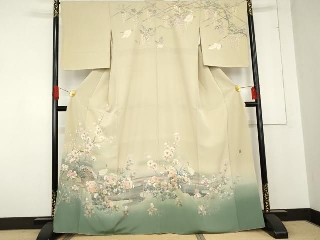 平和屋着物 訪問着 友禅 作家物 松葉 土車 流水枝花に群鶴 暈し染め 金銀彩 扱い 正絹 cs