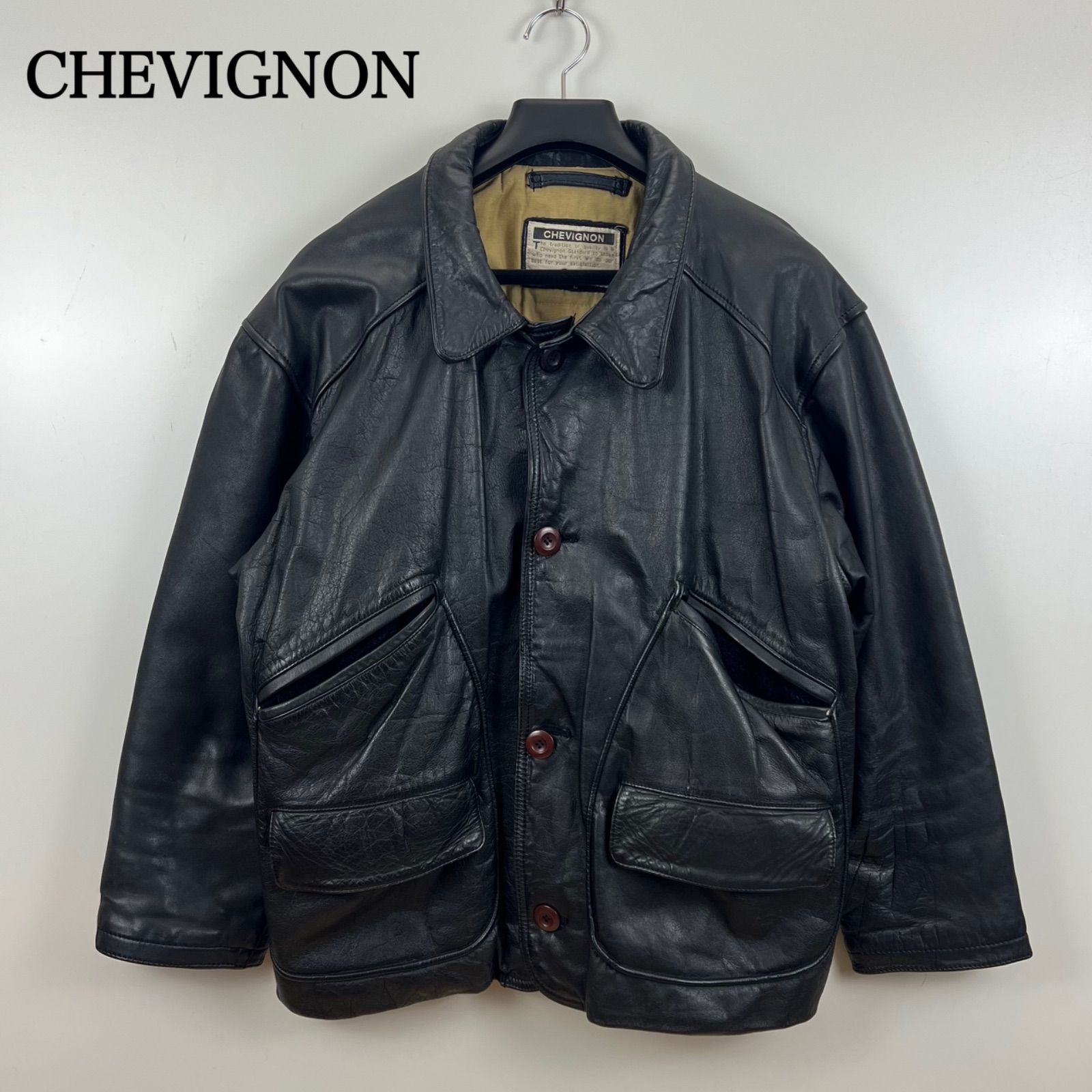 CHEVIGNON EURO vintage leather carcoat jacket L black シェビニオン