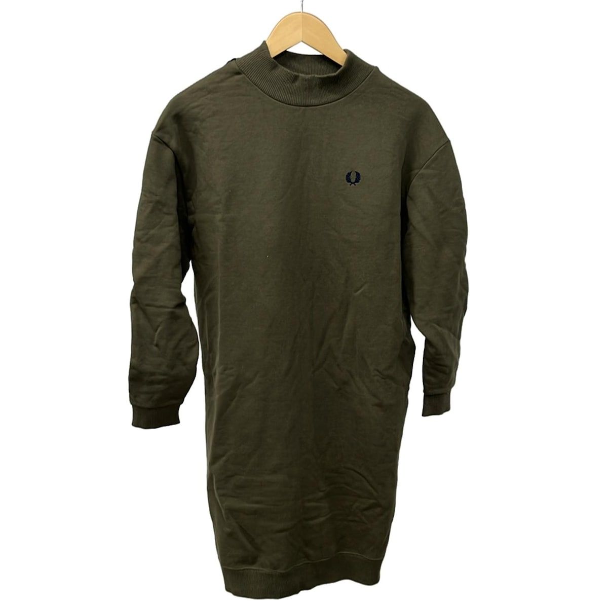 FRED PERRY フレッドペリー ワンピース サイズ36 M レディース - カーキ×ネイビー ハイネック 長袖 ひざ丈 一部ニット