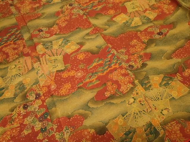 平和屋着物□上質な小紋 扇面草花文 暈し染め 鬼しぼ縮緬 正絹 逸品