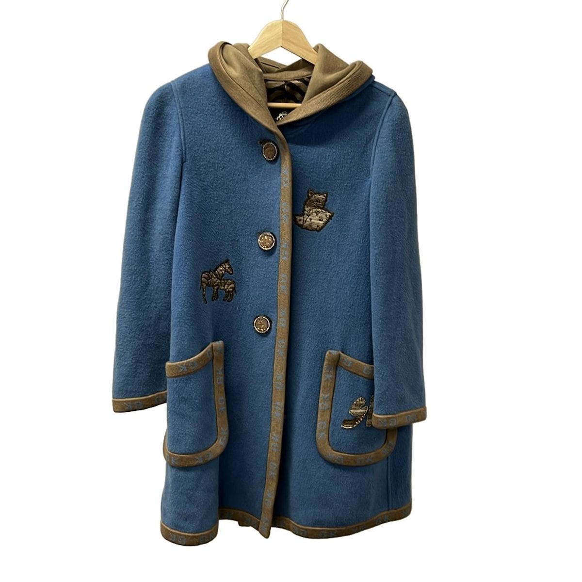 イタリヤ コート サイズ9 M レディース - ブルー×グレーベージュ 長袖/アニマルモチーフ/スパンコール/ラインストーン/ビーズ/秋/冬