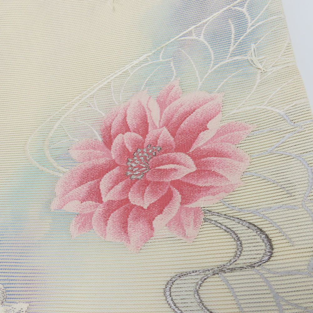 中古 名古屋帯 しつけ糸あり 正絹(金銀糸除く) 銀糸 アイボリー系 ピンク パステルカラー ぼかし 夏物 平仕立て 和装 呉服 和服 きもの レディース 女性 中古】 名古屋帯 しつけ糸あり 正絹(金銀糸除く) 銀糸 アイボリー系