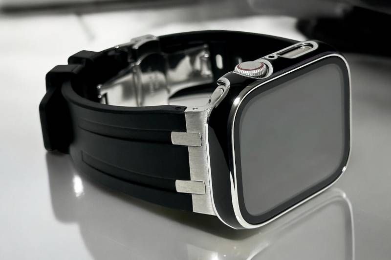 ブラックシルバー アップルウォッチ ラバーベルト レーザー刻印ケース 画面保護付きカバー Apple Watchバンド 316 Lステンレス 40 mm 41 44 45 46 49 ultra 1 2 3 ウルトラ SE