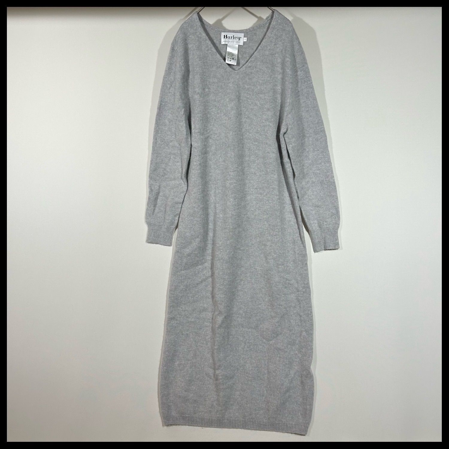 ハーレーオブスコットランド Harley of Scotland Vネック グレー 38 ニットワンピース ロング丈
