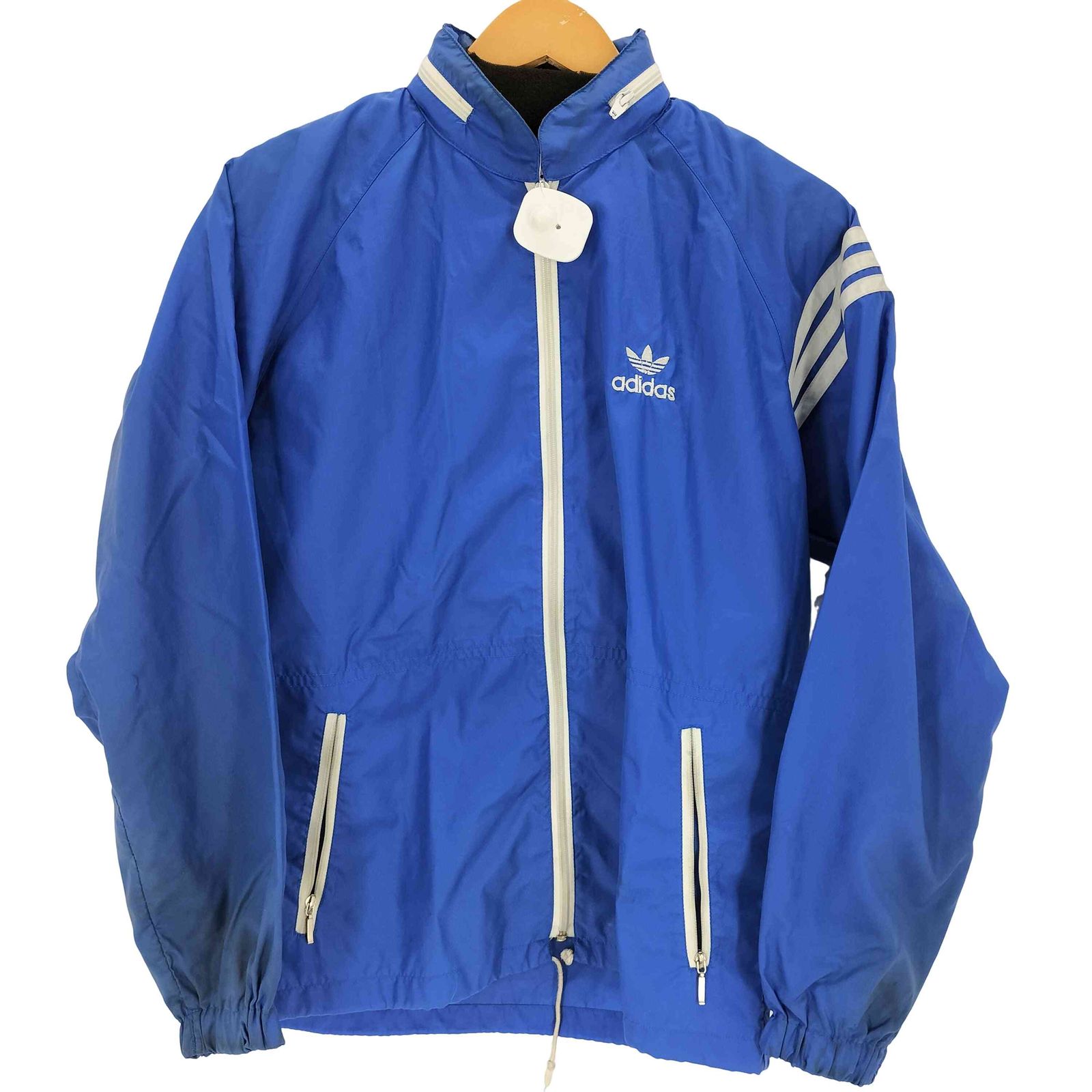 80sadidasアディダスデサント製ナイロンジャケットトレフォイル刺繍青ブルー アディダス adidas 80s デサント製 トレフォイルロゴ刺繍 ナイロン