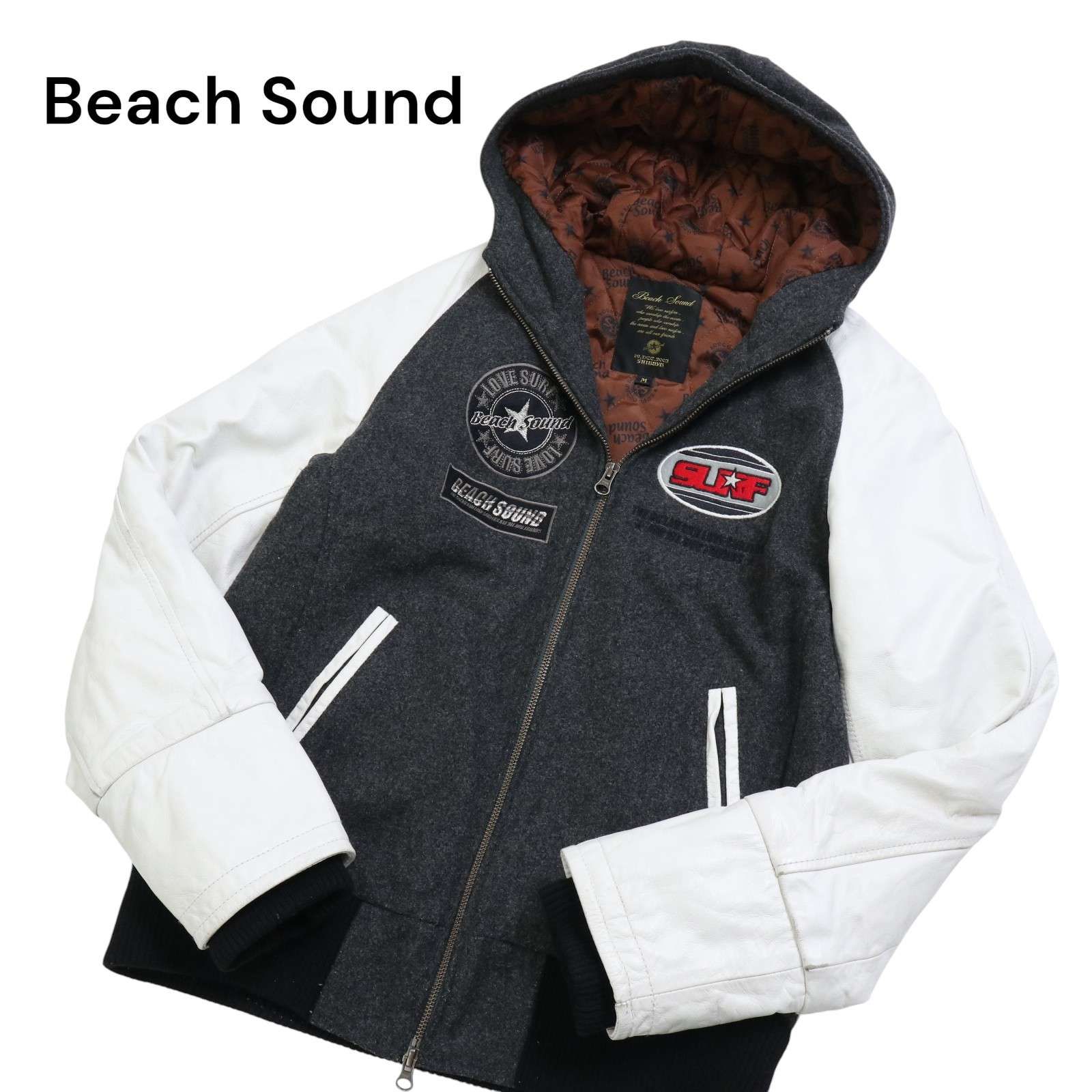 Beach Sound ビーチサウンド 袖革☆ 牛革 レザー × ウール 刺繍 