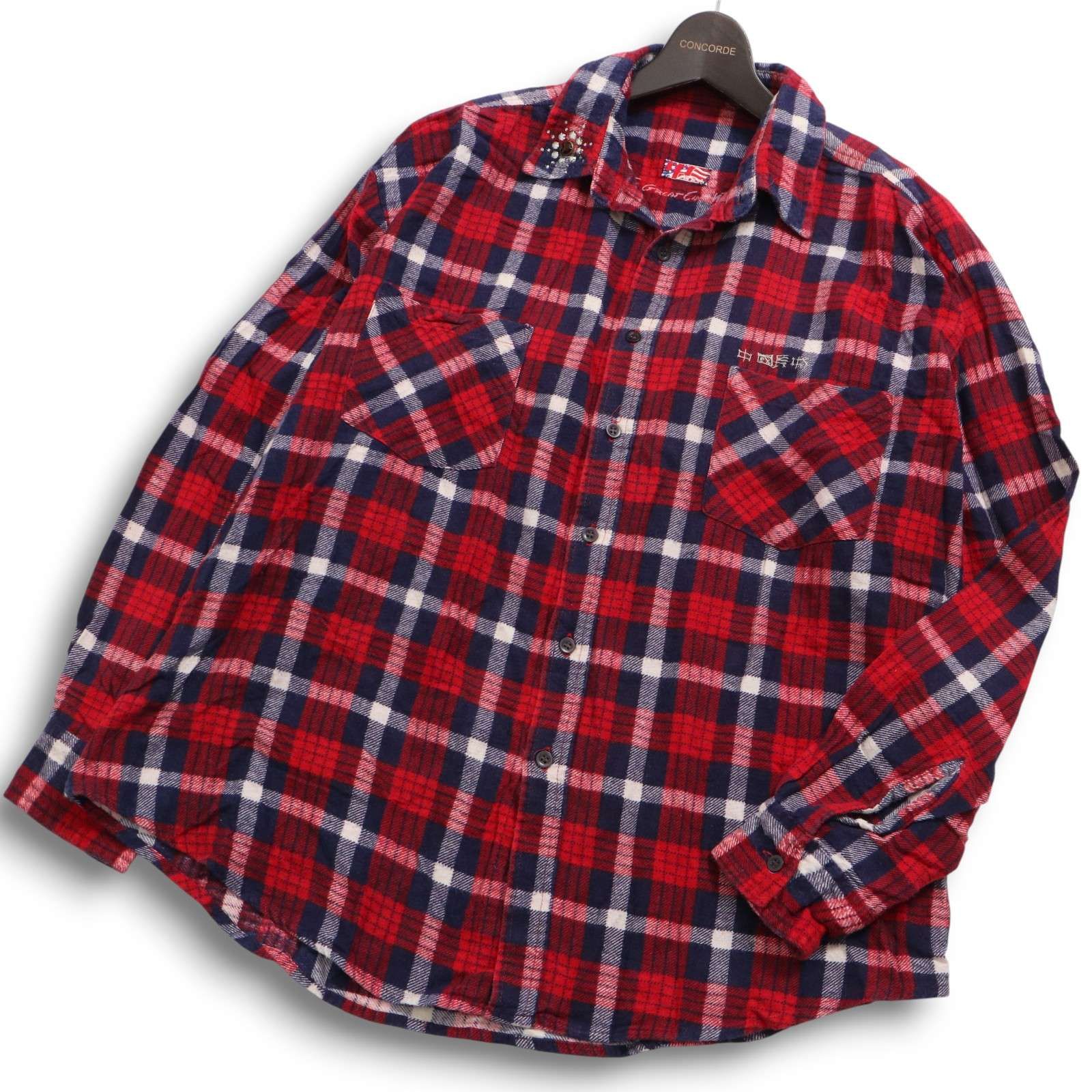 中国長城 グレートチャイナウォール 秋冬 スタッズ 刺繍 長袖 ワーク チェック ネル シャツ Sz S メンズ 赤