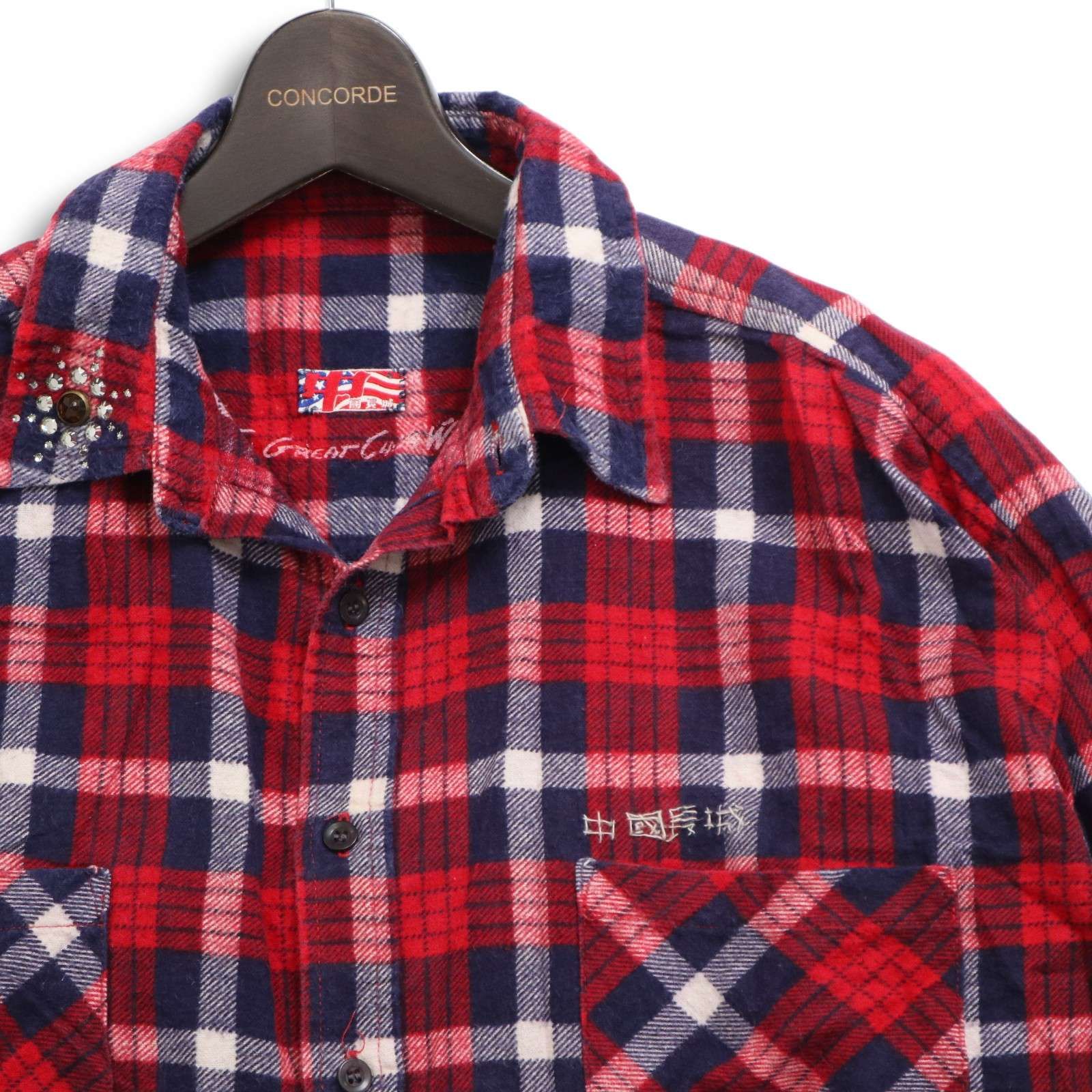 中国長城 グレートチャイナウォール 秋冬 スタッズ-刺繍 長袖 ワーク チェック ネル シャツ Sz.S メンズ 赤