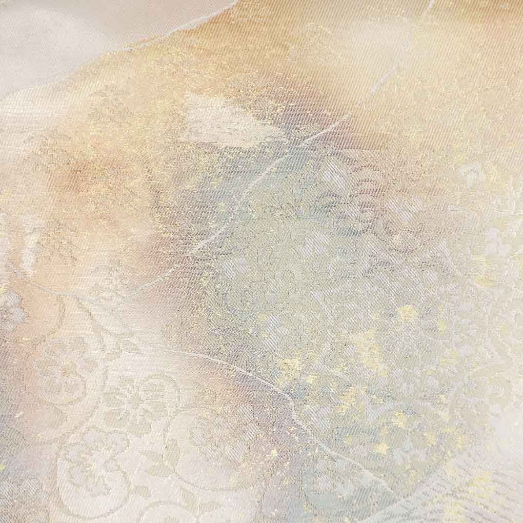 名古屋帯 幅30.5 cm 長さ354 レディース 花柄 秋冬春用 正絹 シルク ゴールド リメイク リユース リサイクル 呉服のきくや