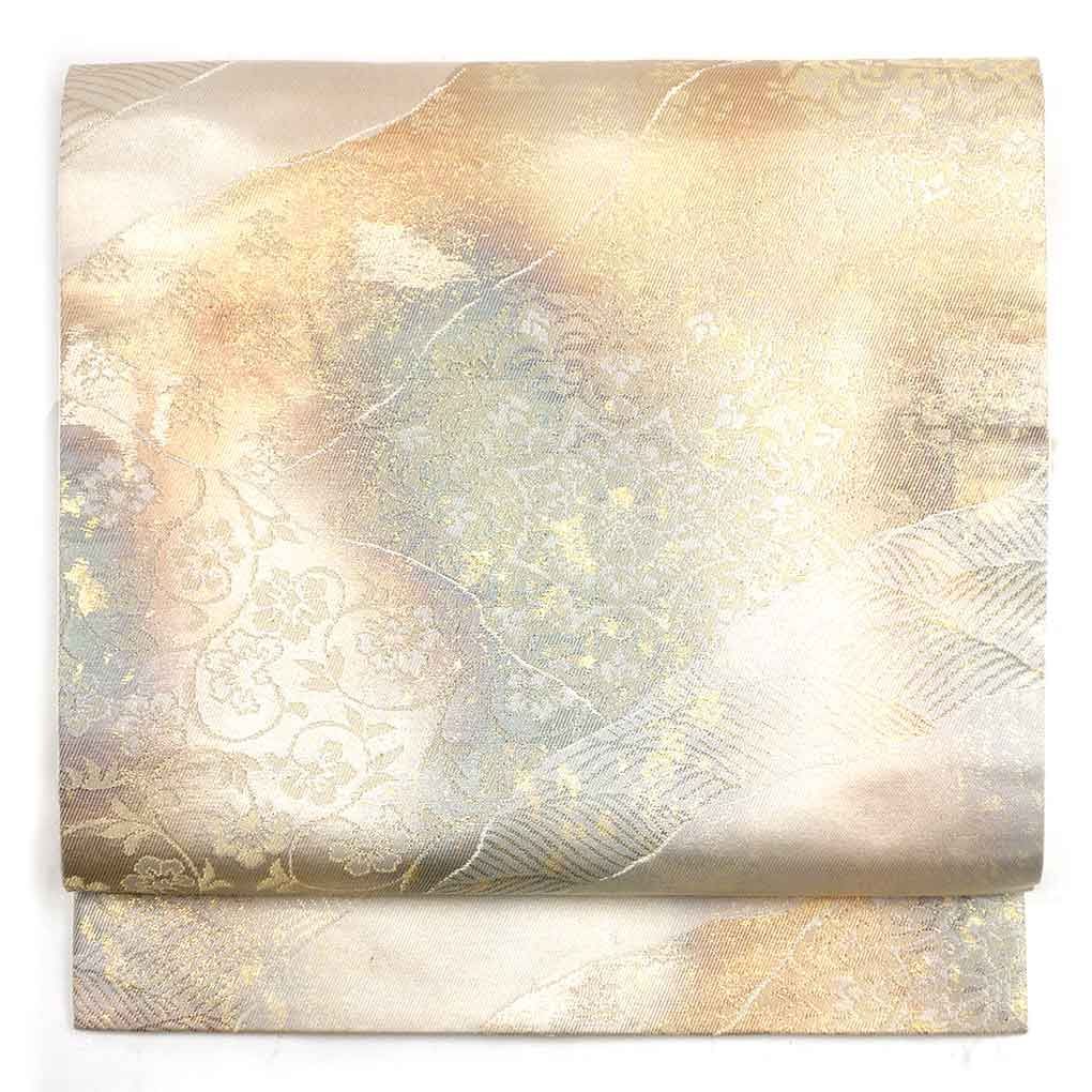 名古屋帯 幅30 5 cm 長さ354 レディース 花柄 秋冬春用 正絹 シルク ゴールド リメイク リユース リサイクル 呉服のきくや