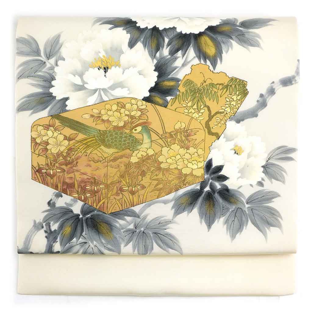 名古屋帯 幅30 5 cm 長さ368 レディース 萩柄 秋冬春用 正絹 シルク ホワイト 塩瀬 リメイク リユース リサイクル 呉服のきくや