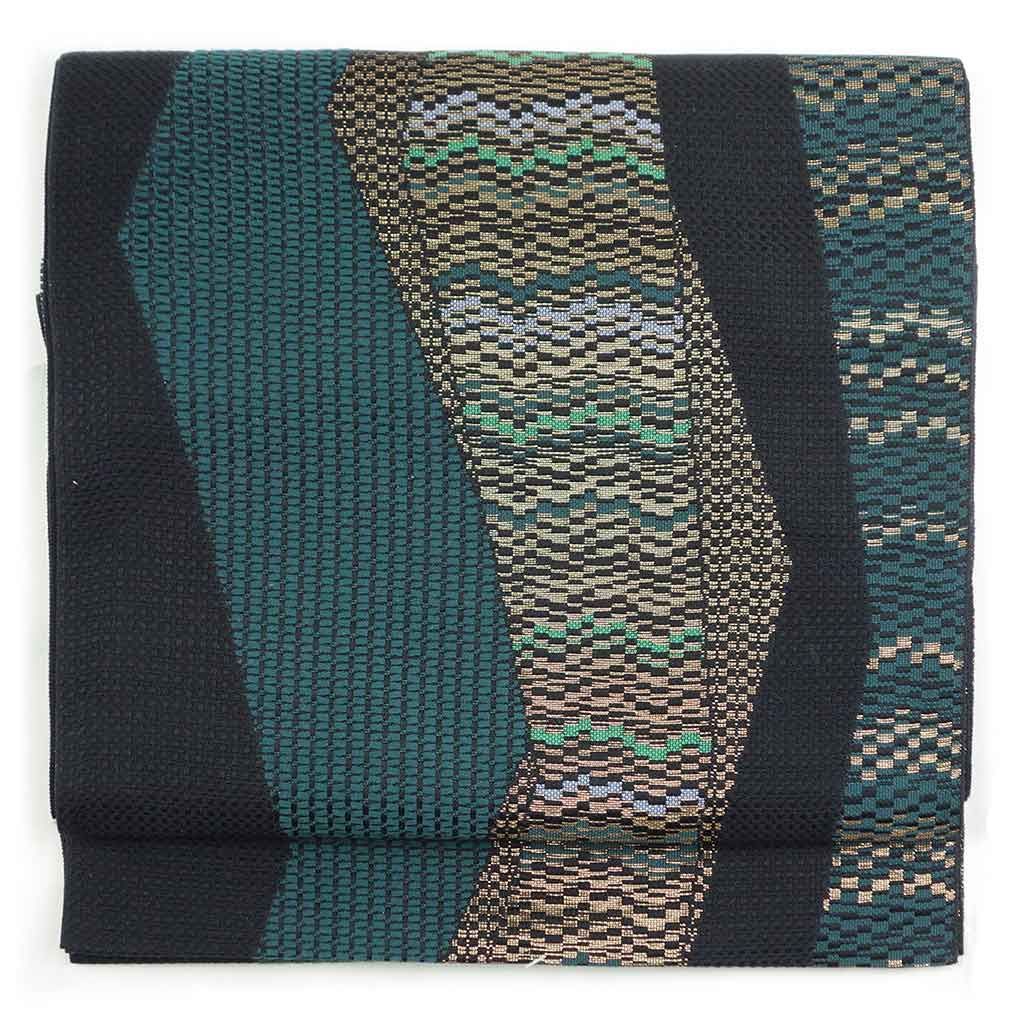 名古屋帯 幅31 cm 長さ363 レディース 抽象柄 秋冬春用 正絹 シルク ブラック リメイク リユース リサイクル 呉服のきくや