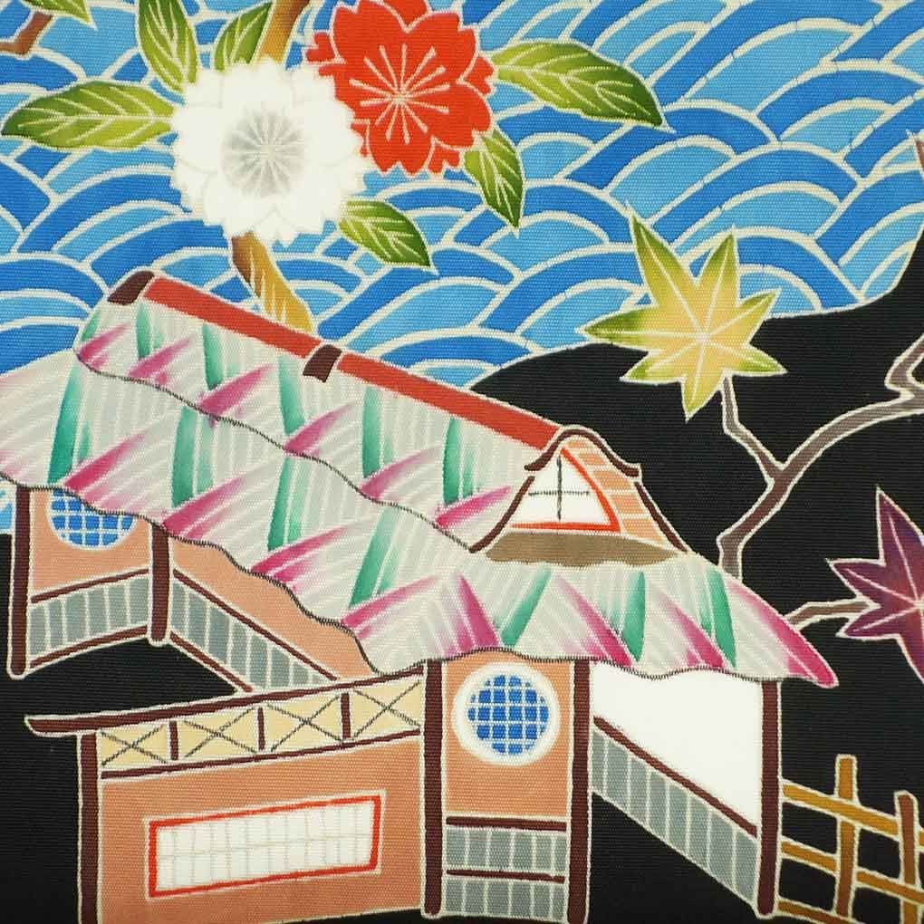 名古屋帯 幅30 cm 長さ365 レディース 青海波 秋冬春用 正絹 シルク ブラック リメイク リユース リサイクル 呉服のきくや