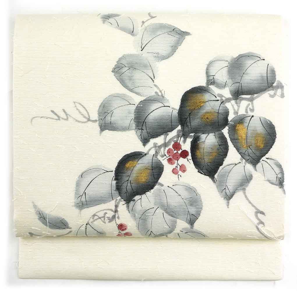 名古屋帯 幅30 cm 長さ369 レディース 薔薇柄 秋冬春用 正絹 シルク ホワイト 作家もの リメイク リユース リサイクル 呉服のきくや