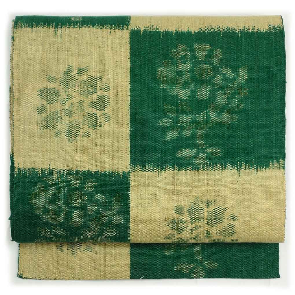 名古屋帯 幅31 cm 長さ364 レディース 市松 秋冬春用 正絹 シルク グリーン リメイク リユース リサイクル 呉服のきくや