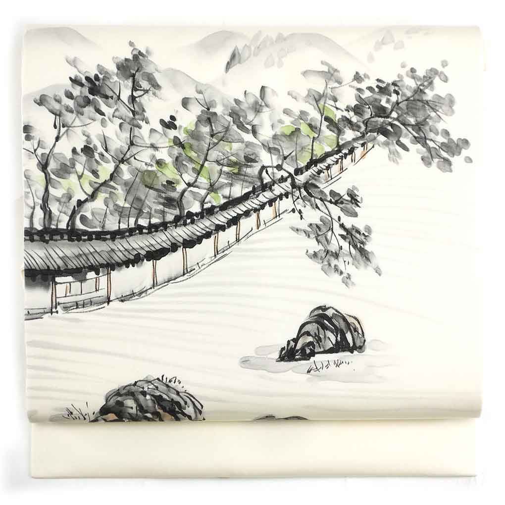 名古屋帯 幅30 cm 長さ375 レディース 風景画 秋冬春用 正絹 シルク ホワイト リメイク リユース リサイクル 呉服のきくや