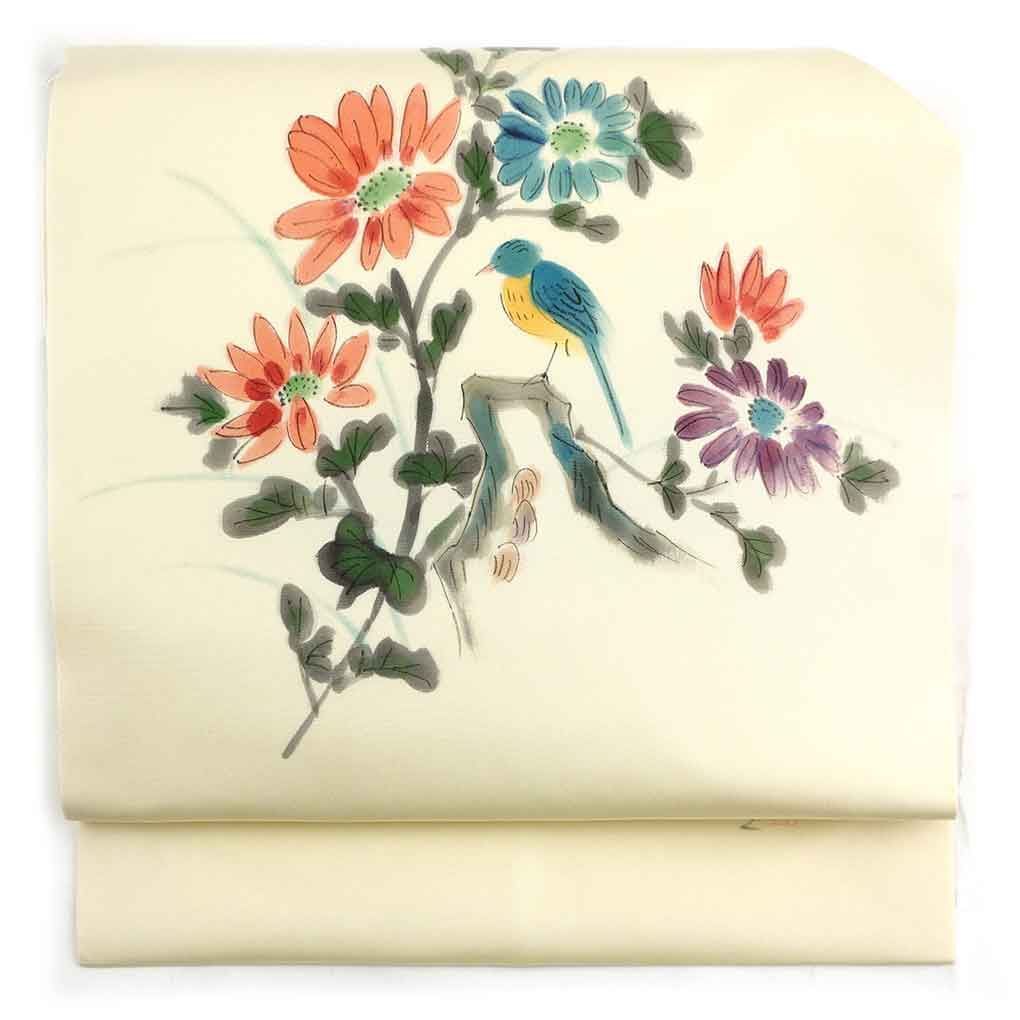 名古屋帯 幅29 5 cm 長さ372 レディース ウグイス 秋冬春用 正絹 シルク ホワイト 作家もの リメイク リユース リサイクル 呉服のきくや