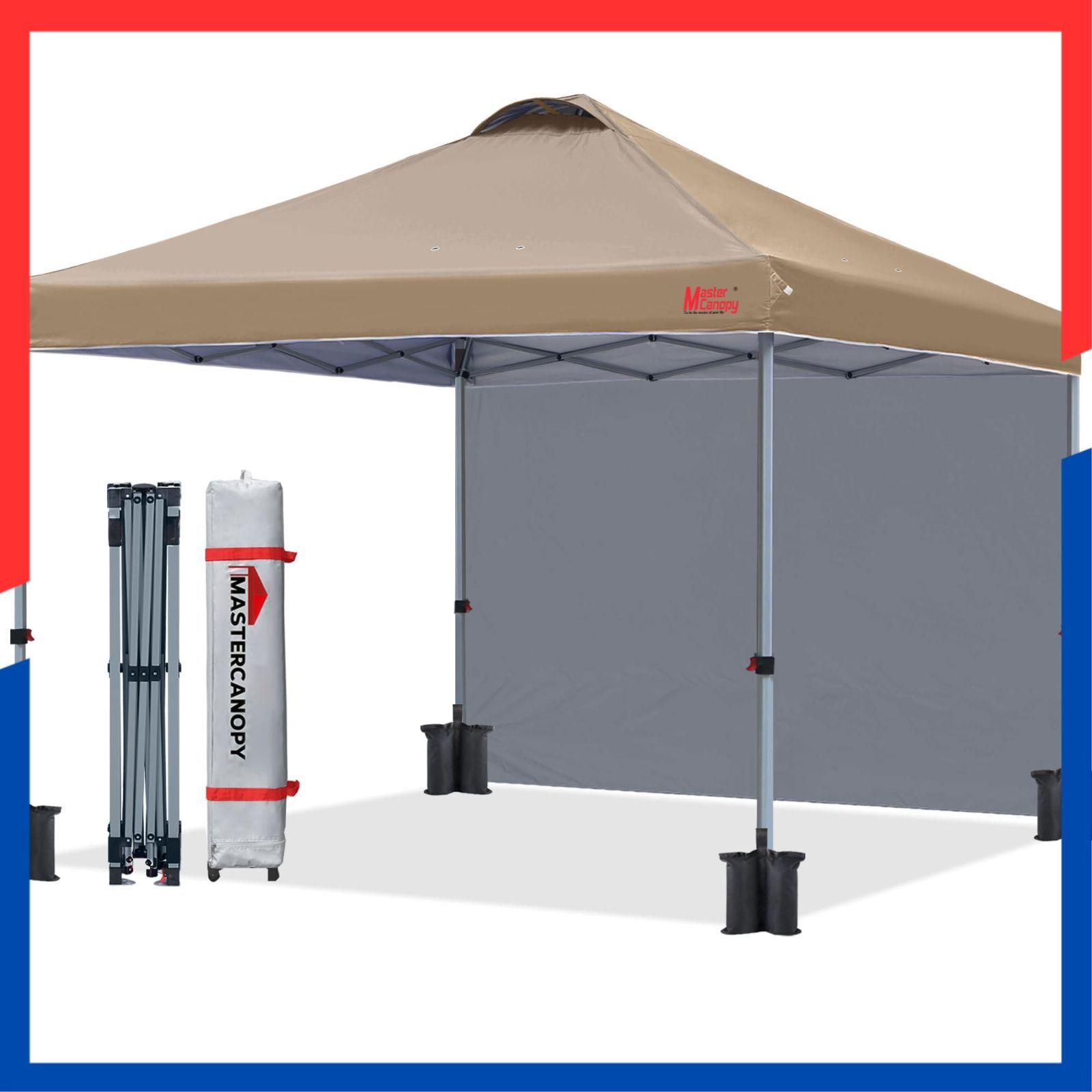 UVカット サンシェード 耐水 日除け 風抜けベンチレーション 商用 スチールフレーム アウトドア用 キャスターバッグ 三段階調節 ペグ 2 M 2.5 3 ロープ サイドシート一枚セット ウェイトバッグ付き Mカーキ マスターキャノピー