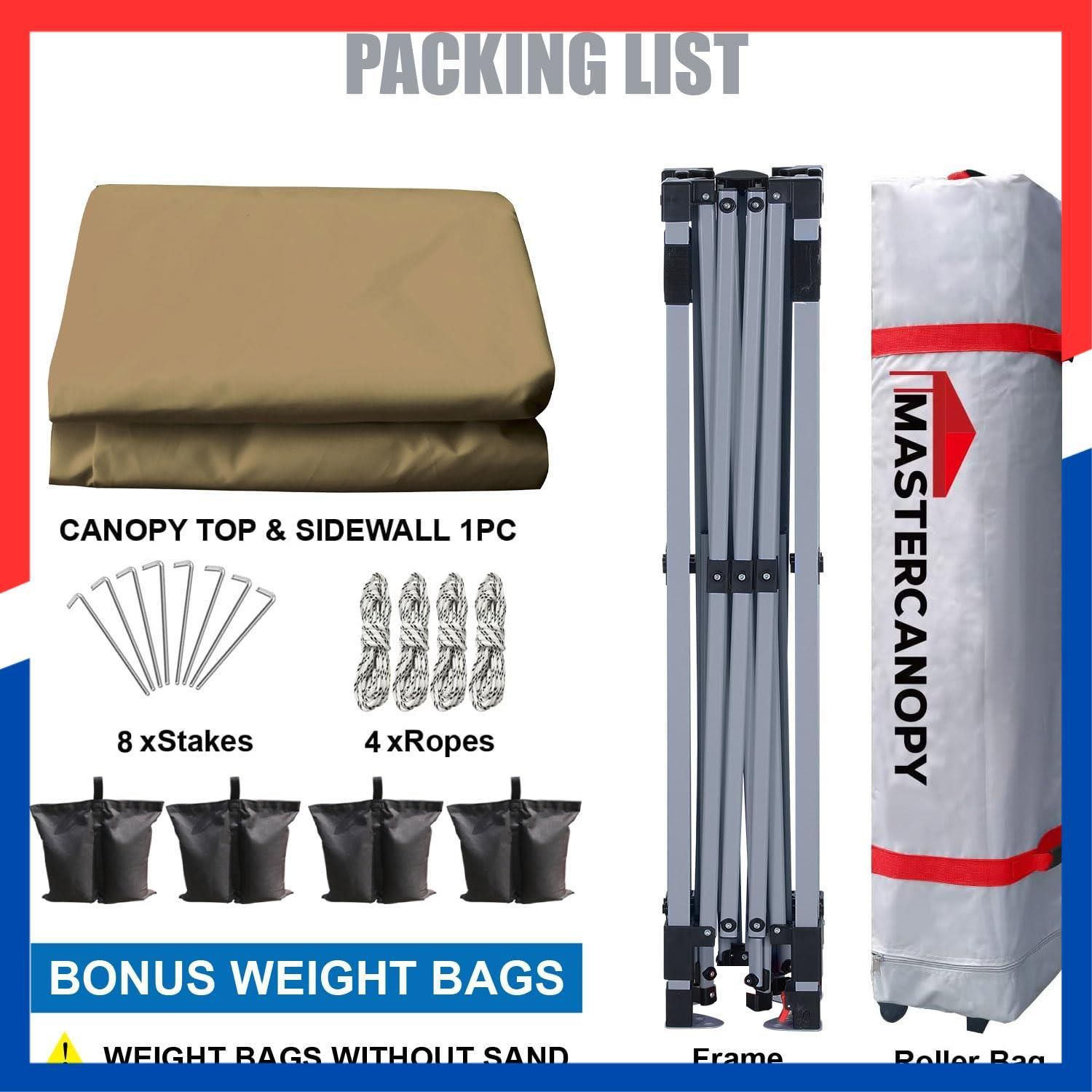 UVカット サンシェード 耐水 日除け 風抜けベンチレーション 商用 スチールフレーム アウトドア用 キャスターバッグ 三段階調節 ペグ 2 M 5 3 ロープ サイドシート一枚セット ウェイトバッグ付き Mカーキ マスターキャノピー