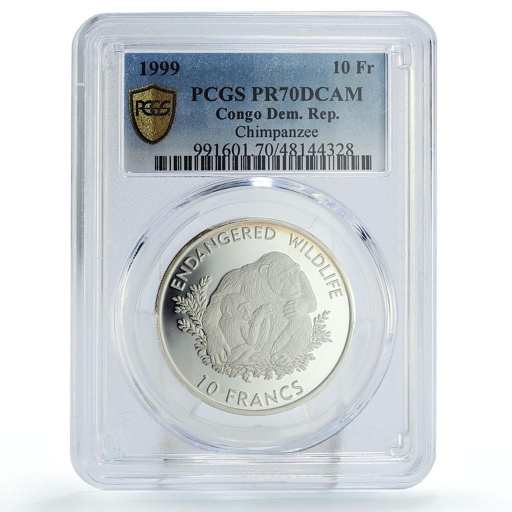 コンゴ 10フラン 保護 野生生物 チンパンジー 動物 PR70 PCGS 銀貨