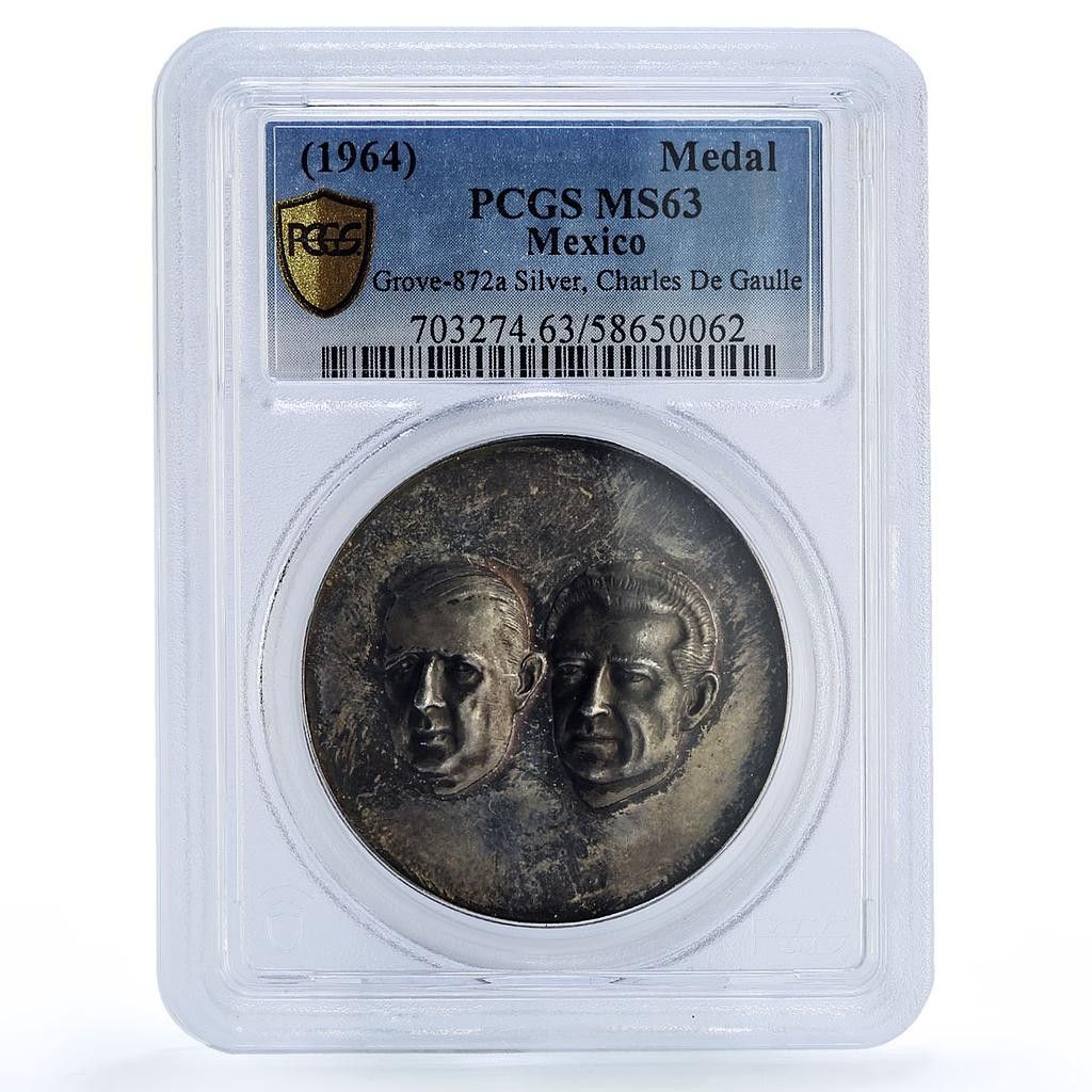 メキシコ ドゴール マテオス 訪問 グローブ-872a 政治 MS 63 PCGS