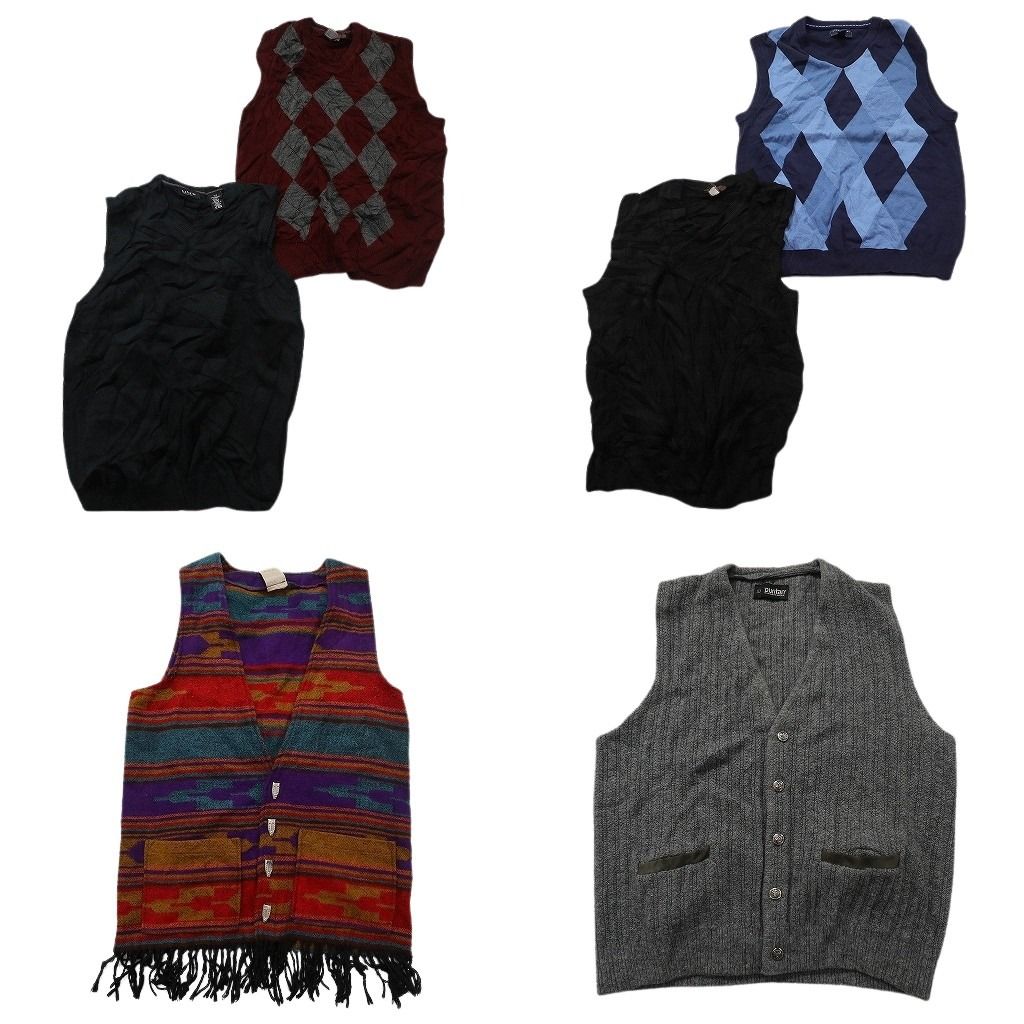 古着卸 まとめ売り ニットベスト セーター 6枚セット (メンズ S ) カーディガン フリンジ アーガイル柄 マルチカラー 中古 古着 NC8307