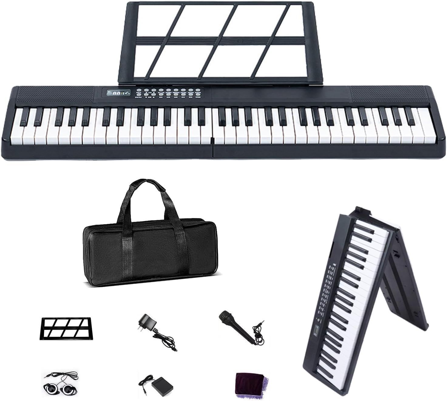 電子ピアノ 61鍵盤 折りたたみ 2つ折り電子キーボード 日本語表記 充電式 200音色内蔵 MIDI機能 サスティンペダル 収納バッグ 譜面台付き