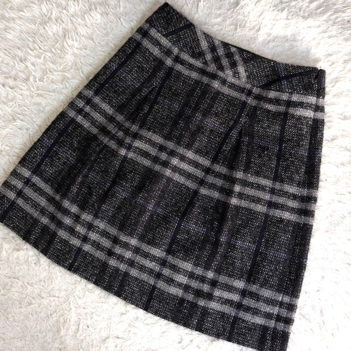 級 LONDON バーバリーロンドン チェック柄ウールプリーツスカート 大きいサイズ 46 グレー