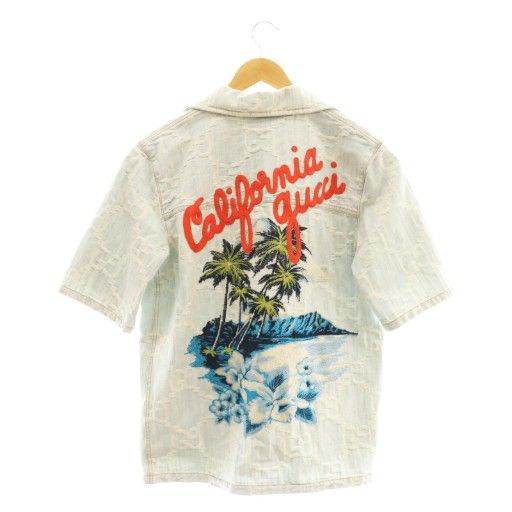 グッチ GUCCI GG 刺繡 半袖 デニムシャツ 38 ライトブルー マルチ California 693140 CX OS