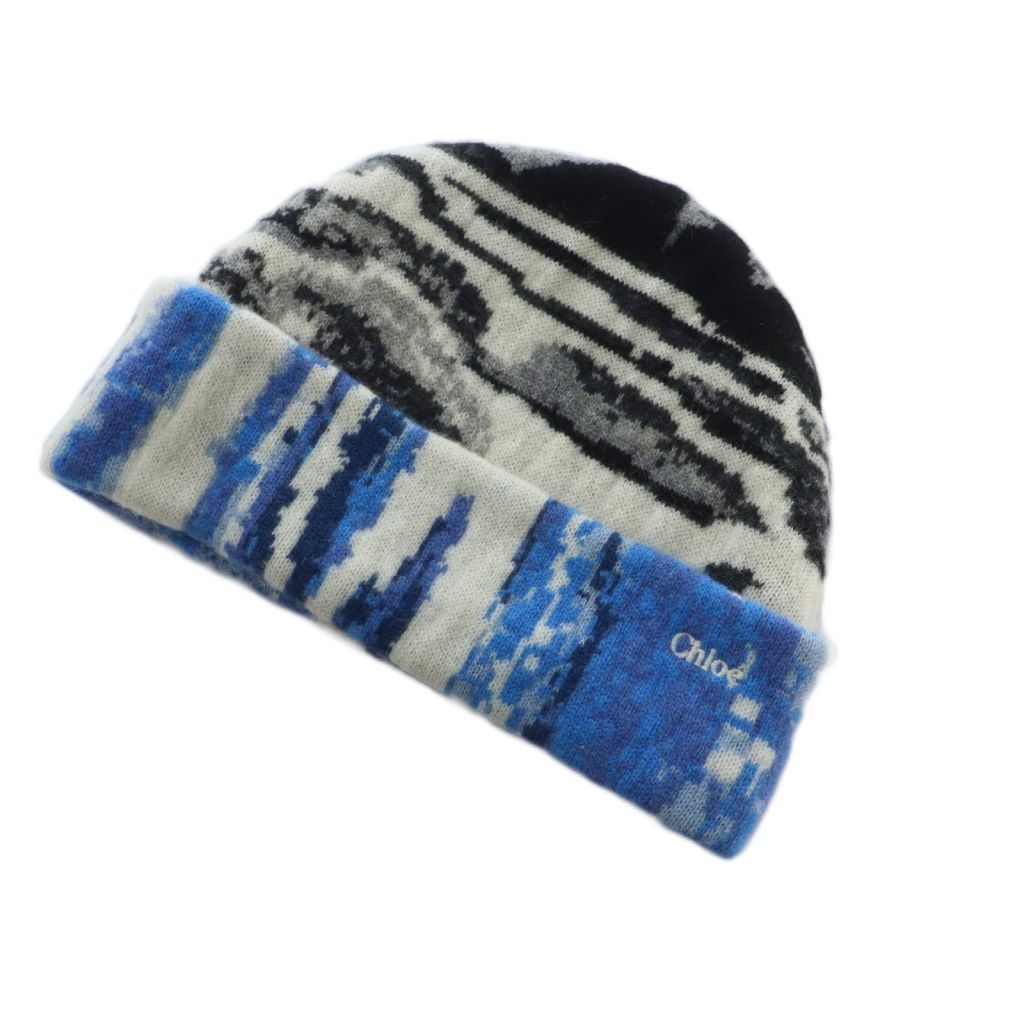 クロエ CHLOE ニットキャップ ニット帽 帽子 カシミヤ ゼブラ柄 ブルー 青 ホワイト 白 ブラック 黒 MI OS