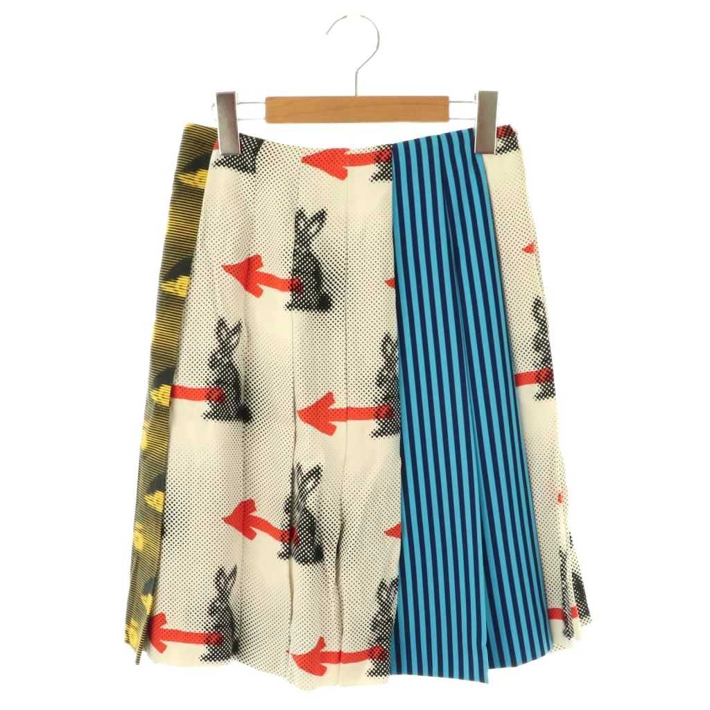 プラダ PRADA ラビット柄 ストライプ柄フ スカート 膝丈 36 ホワイト マルチ HK OS