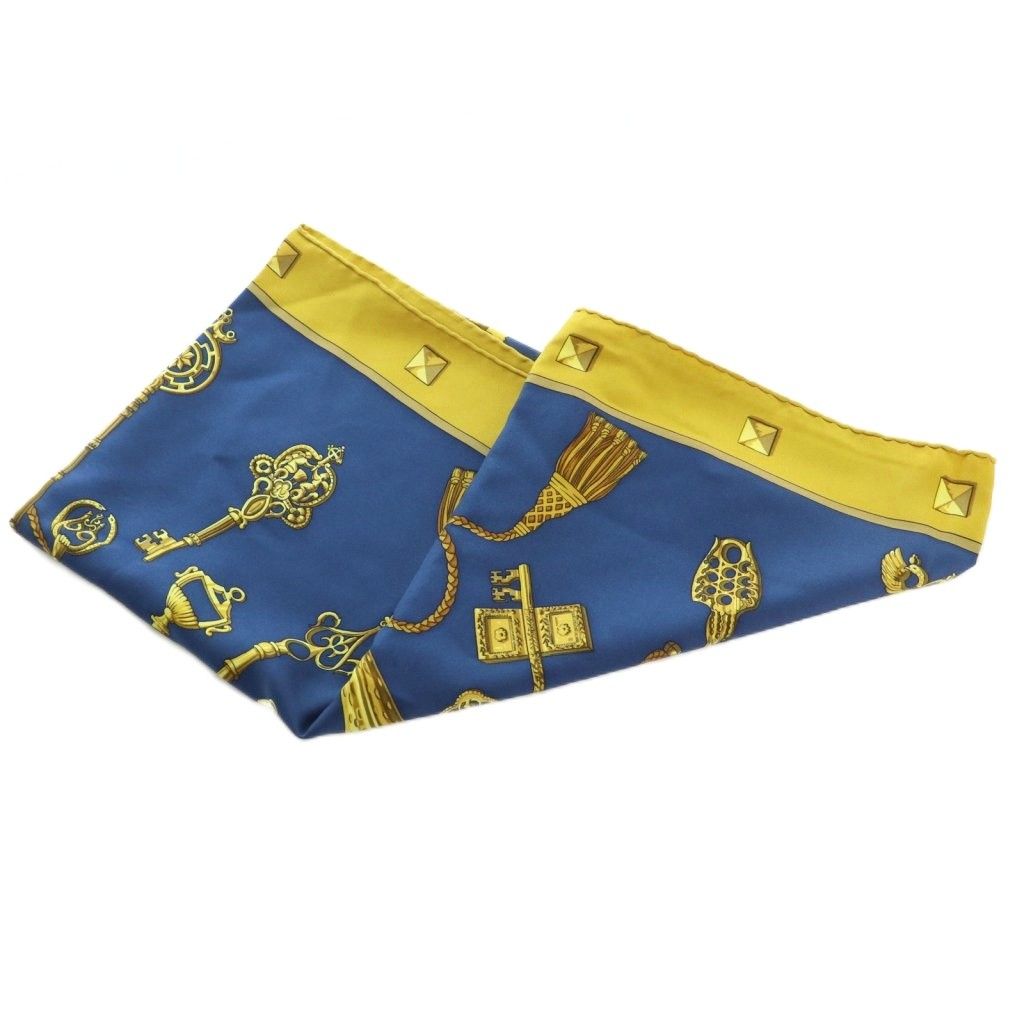 エルメス HERMES LES CLES カレ90 スカーフ シルク 総柄 ネイビー 紺色