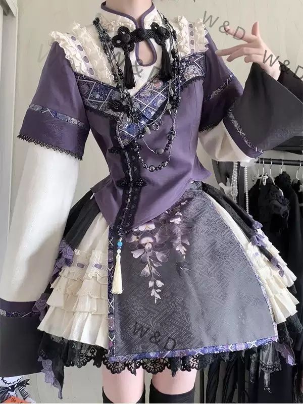 ブラック＆パープル 中華風 漢元素 ツーピース ロリータ ワンピース OP ドレス セット 日常 エスニック ゴシック ミステリアス おしゃれ 東洋の神秘と西洋の甘美が交わる 大人の色気を秘めたロリータコーディネート