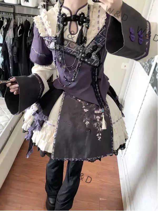 送料無料】ブラック＆パープル 中華風 漢元素 ツーピース ロリータ