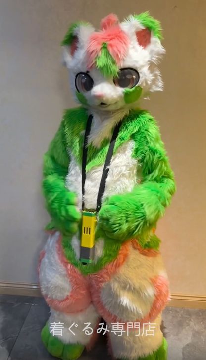 猫 ファースーツ マスク 着ぐるみセット グリーン ケモノ ファースーツ