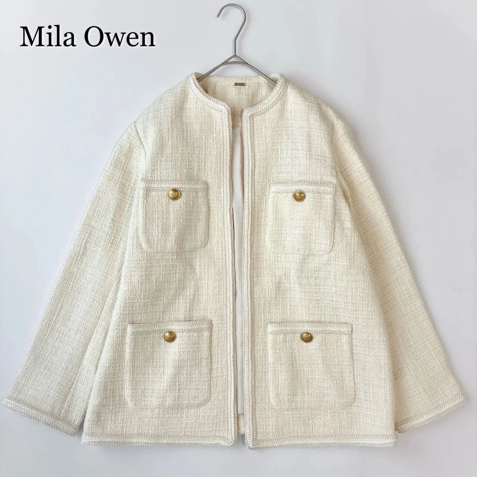 極美品2023ミラオーウェン/パッチポケット金ボタンロングツイードジャケット 2023✨ / Mila Owen ミラオーウェン / パッチポケット 金ボタン ロング