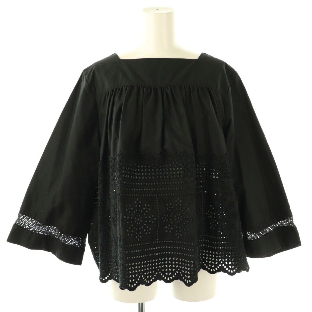 フォーティーファイブアールピーエム 45 R rpm 薄高密度ギャバのカットワークブラウス 八分袖 ブラック HK OS