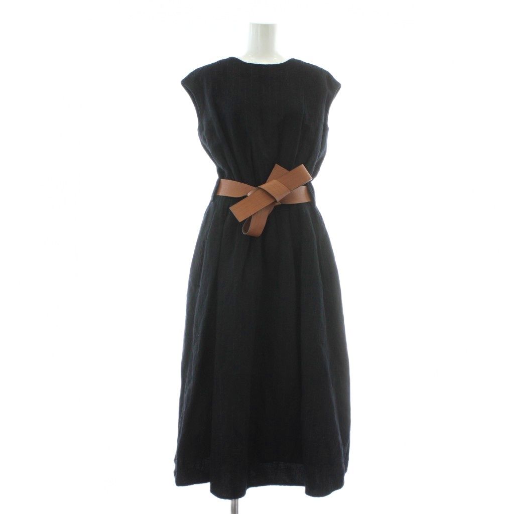 ロエベ LOEWE 21 SS ワンピース ウール ノースリーブ ロング ストライプ柄 レザーベルト付き 32 XS 紺 ネイビー XZ GY 19