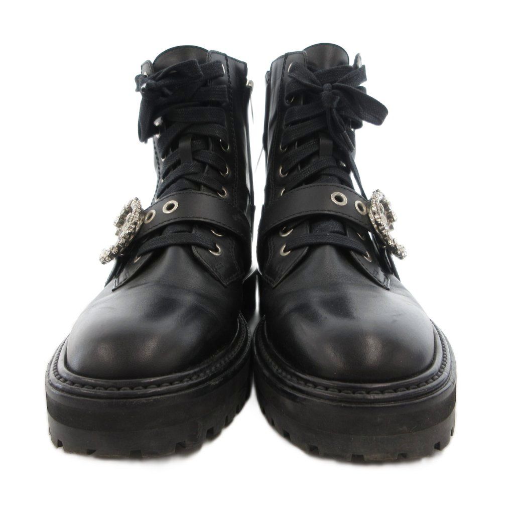 ジミーチュウ JIMMY CHOO CORA コラ エンベリッシュド ブーツ コンバット サイドジップ レザー 革 ラインストーン 37 黒 ブラック JS GY 18