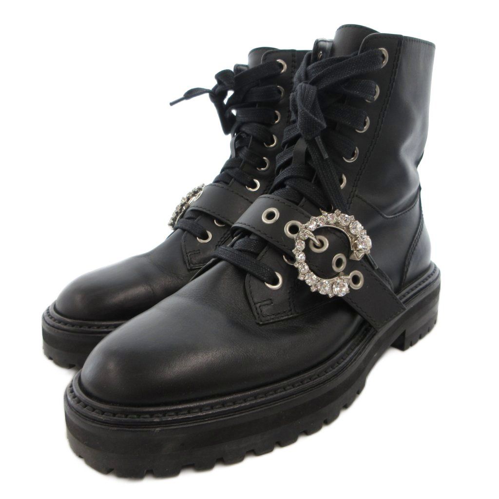 ジミーチュウ JIMMY CHOO CORA コラ エンベリッシュド ブーツ コンバット サイドジップ レザー 革 ラインストーン 37 黒 ブラック JS GY 18