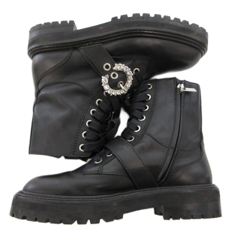  ジミーチュウ JIMMY CHOO CORA コラ エンベリッシュド ブーツ コンバット サイドジップ レザー 革 ラインストーン 37 黒 ブラック JS GY 18 ブーツ 靴