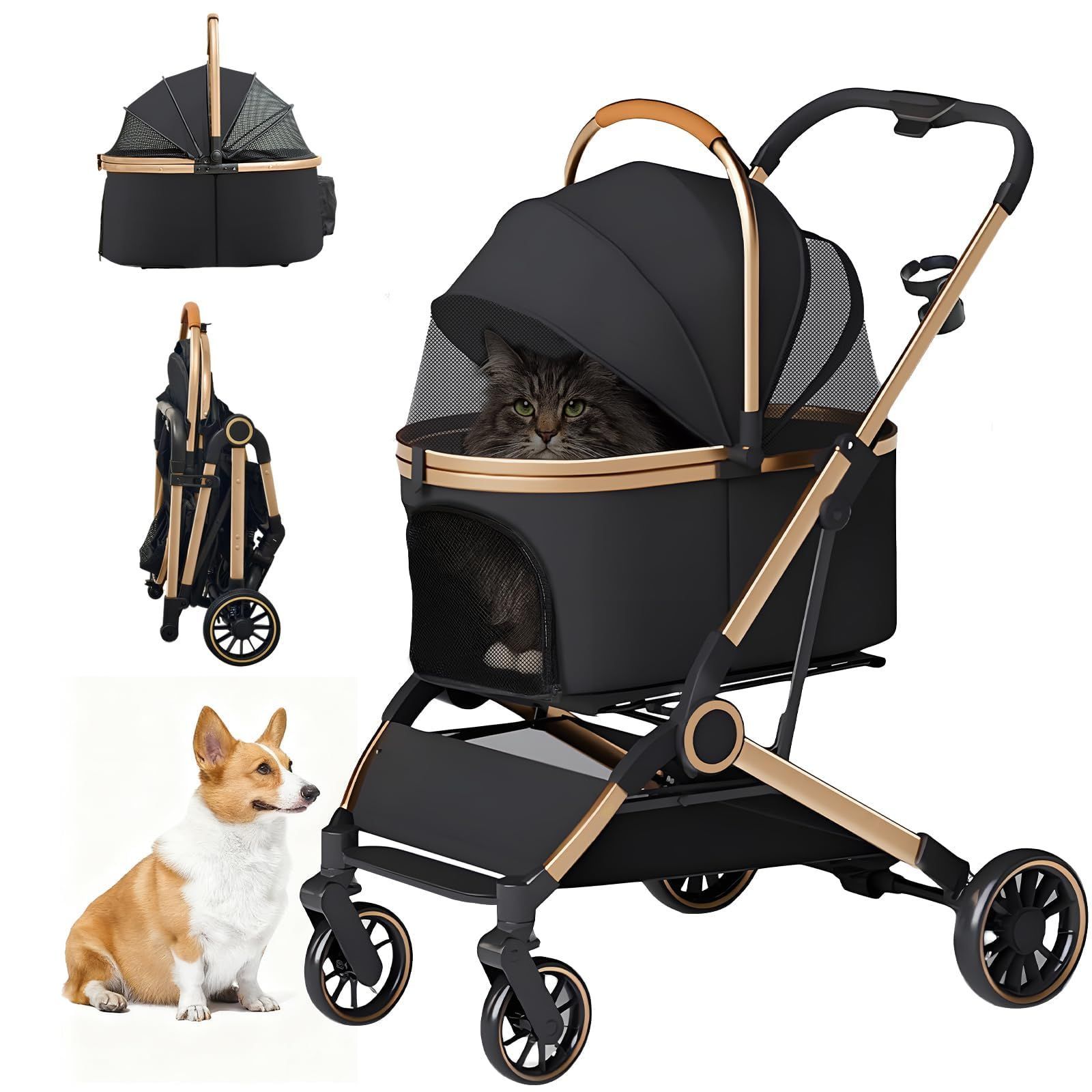 取り外し Merox ペットカート分離型 折りたたみ ペットバギー 前輪360°回転 軽量ファッション 犬 カート 4輪耐摩耗 後輪片足ブレーキ コンパクト 中型犬 多頭の小型犬 猫 耐荷重25 KG 介護用 お出かけ ブラック