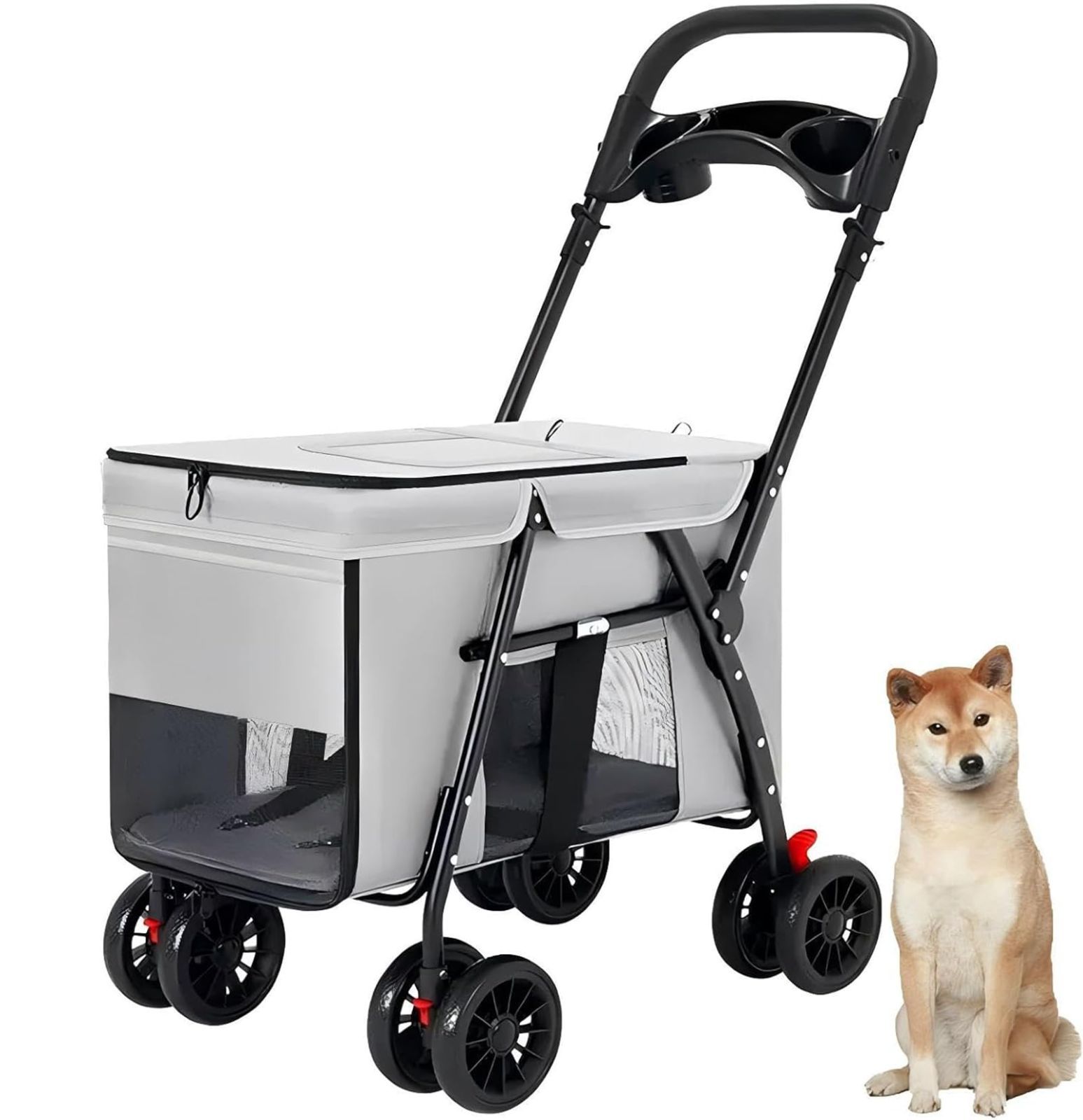 組み立て簡単 ペットバギー 軽量 4輪 コンパクト 前輪360°回転 猫 後輪ブレーキ付き 多頭 耐荷重55 Kg 折り畳み バギー カップホルダー フックなど付属 小型犬 ペットカート グレー 中型犬