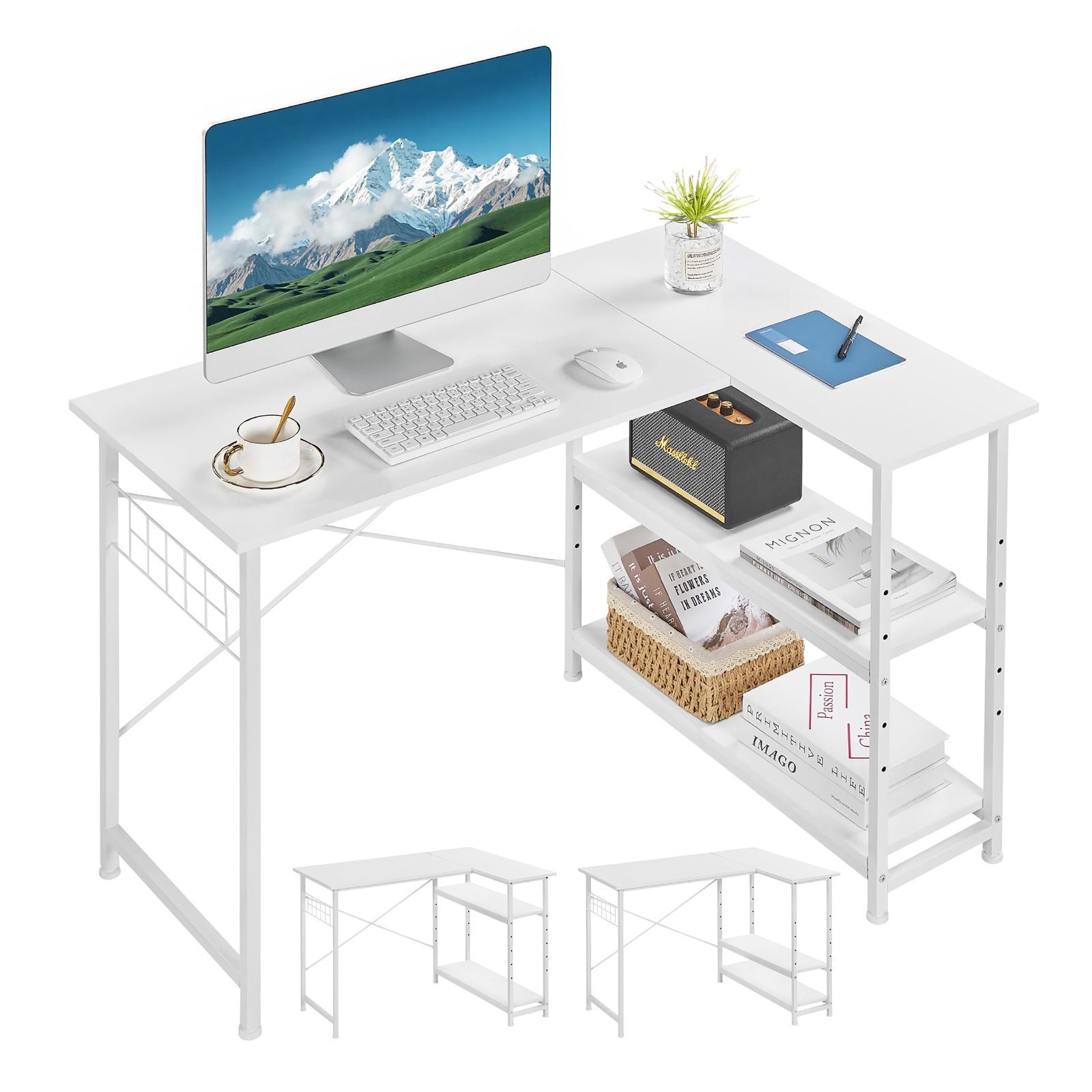 収納 省スペース 高さ調整 在宅勤務 可動棚 学習机 棚付き ゲーミングデスク 幅110×奥行80 cm おしゃれ パソコンデスク 組み立て簡単 L字デスク ホワイト VECELO