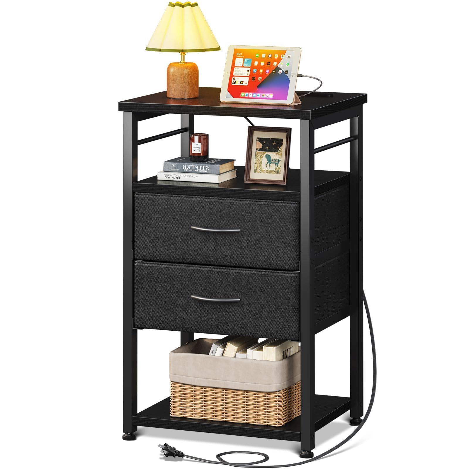 ブラック ベッド横 収納付き 引き出し付き 40 30 70 cm コンセント付き ベッドサイドテーブル ナイトテーブル サイドテーブル KKL