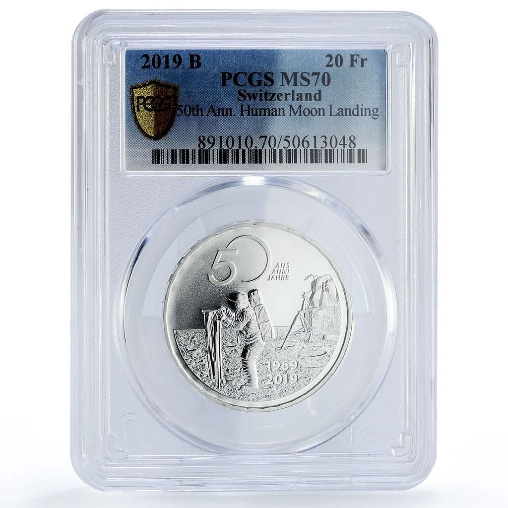 スイス 20フラン 月面着陸 アポロ11号 宇宙 MS70 PCGS 銀貨 2019年